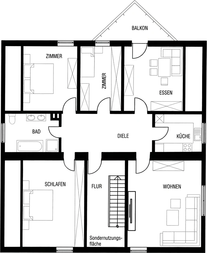 Grundriss der Dachgeschosswohnung: fünf Zimmer, Küche, Bad und Balkon rund um die zentrale Diele