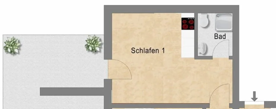 Grundriss des Apartments mit Wohn-/Schlafraum, Küchenzeile, Duschbad und Terrasse