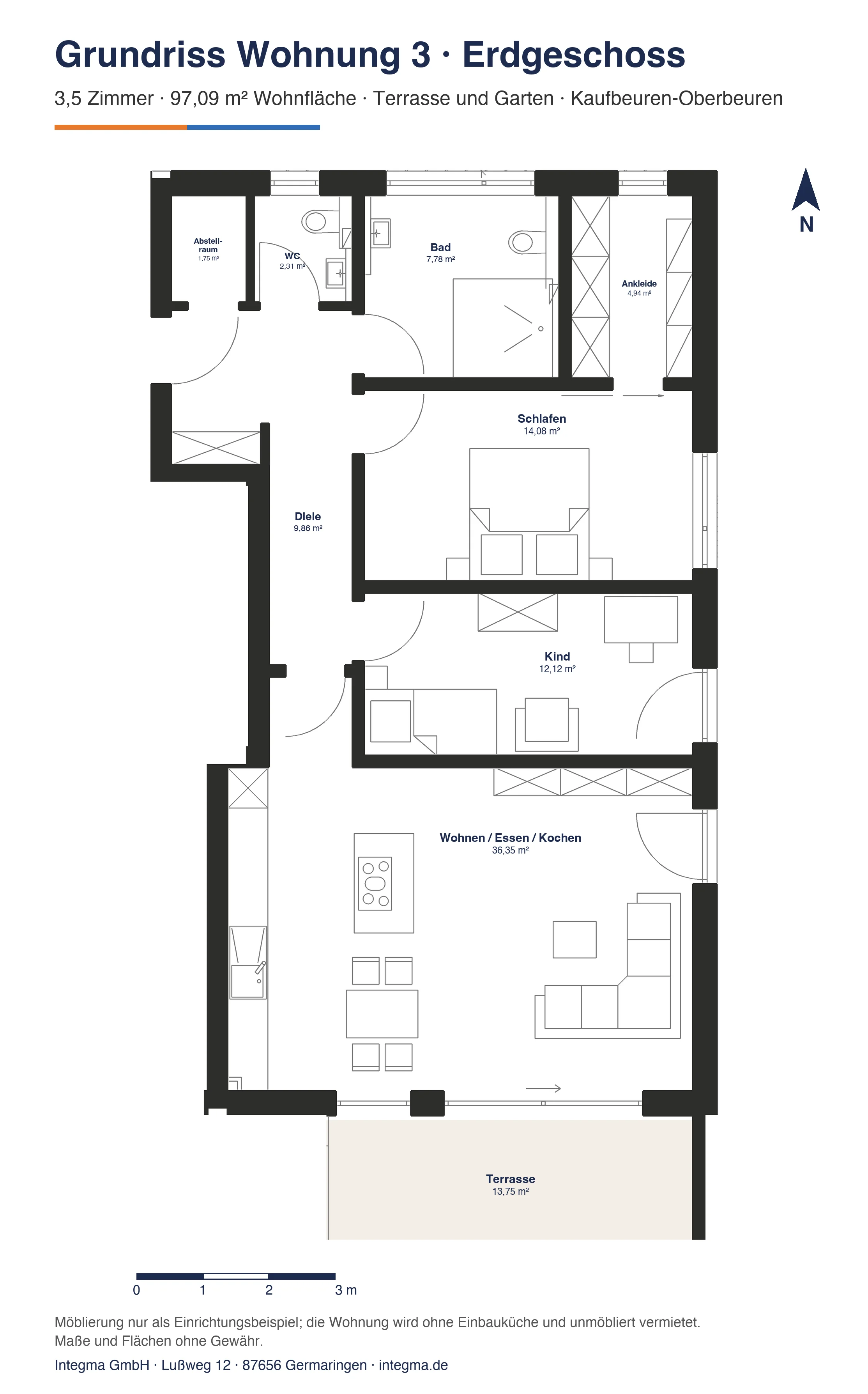 Grundriss der Wohnung 3 im Erdgeschoss mit Raumaufteilung und Terrasse