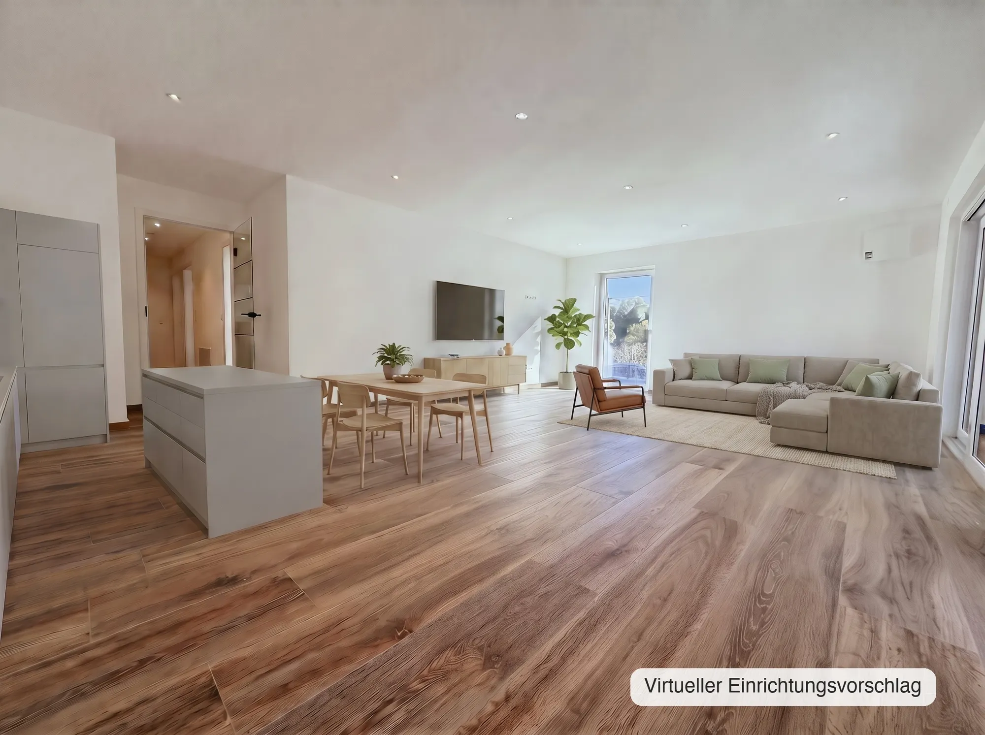 Wohnbereich mit Blick zur Diele — virtueller Einrichtungsvorschlag