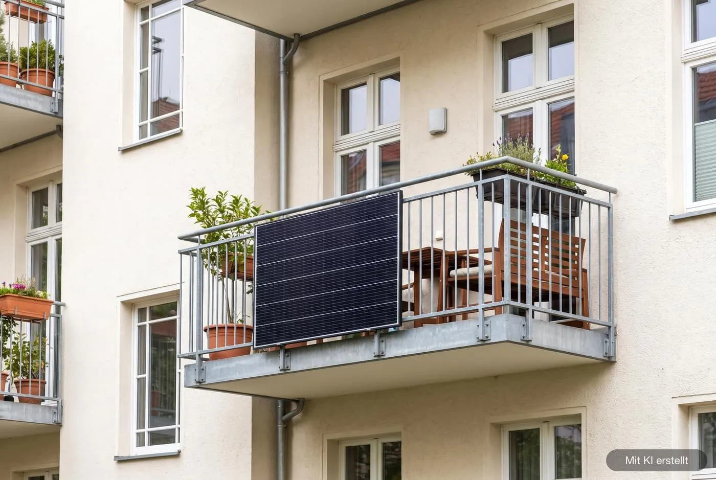 Balkon eines Mehrfamilienhauses mit Steckersolar-Modul am Geländer
