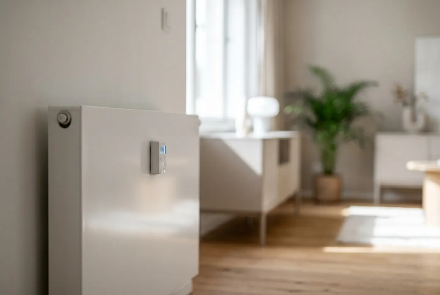 Elektronischer Heizkostenverteiler an einem weißen Heizkörper in einer Wohnung