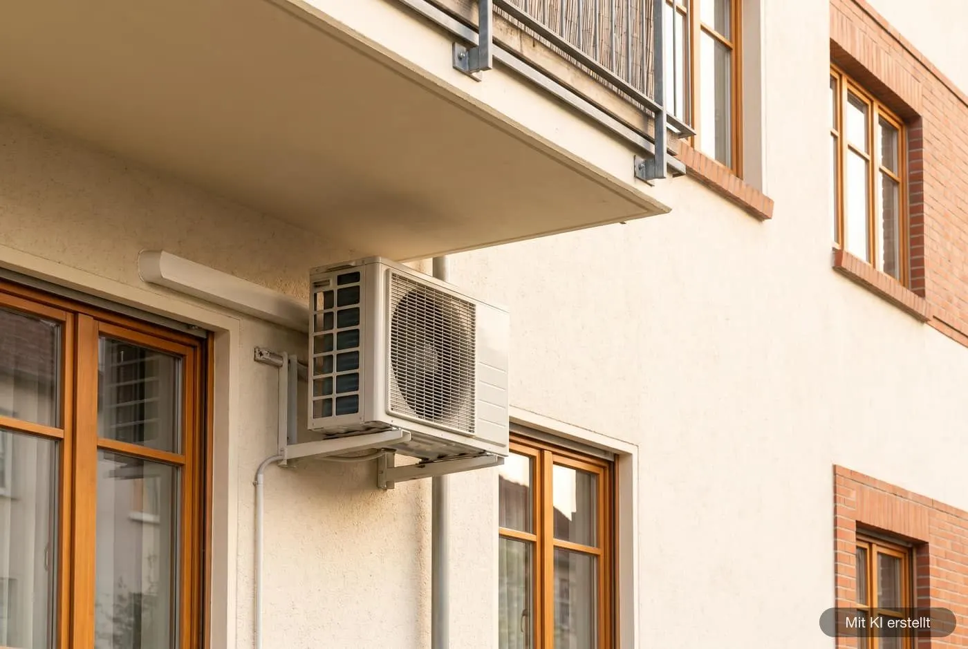 Außeneinheit einer Split-Klimaanlage an der Fassade eines Mehrfamilienhauses